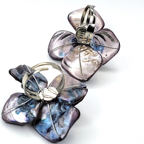 Grey Purple Shell Ring with Genuine Pearl Bead Asymmetric Flower Adjustable Ring - Picture 2 of 11